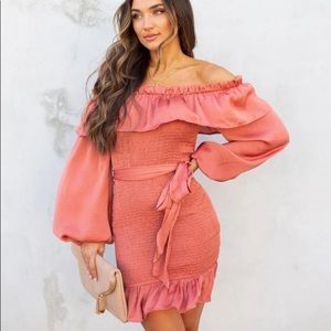 NWT Blaise Satin Smocked Off the Shoulder Dress VICI Collection
